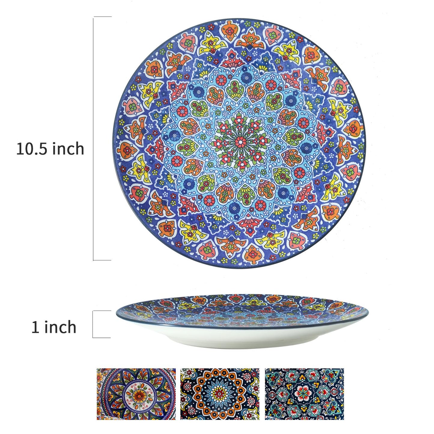 HASENSE Dinner Plate Set of 4, 10.5 Inch Porcelain Plates for Kitchen, Large Salad Plates for Steak, Dishes Set for Restaurant, Microwave, Oven & Dishwasher Safe for Christmas Gift, Bohemian
