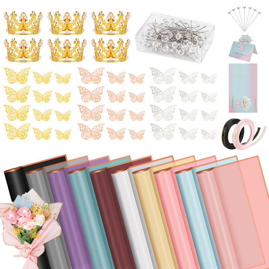 Hossmily 209 Pcs Flower Bouquet Wrapping Paper Waterproof Floral Wrapping Paper Florist Supplies with Butterfly Decoration Crowns Ribbons Bouquet Pin Glue for DIY Craft (10 Colors)