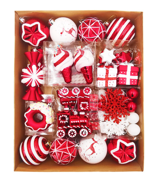 Christmas Tree Ball Ornaments Set, 70 ct Classical Red White Candy Train Theme Xmas Assorted Ornaments, Shatterproof Decorative Hanging Ornaments for Holidays Party Wedding Christmas Tree Decor