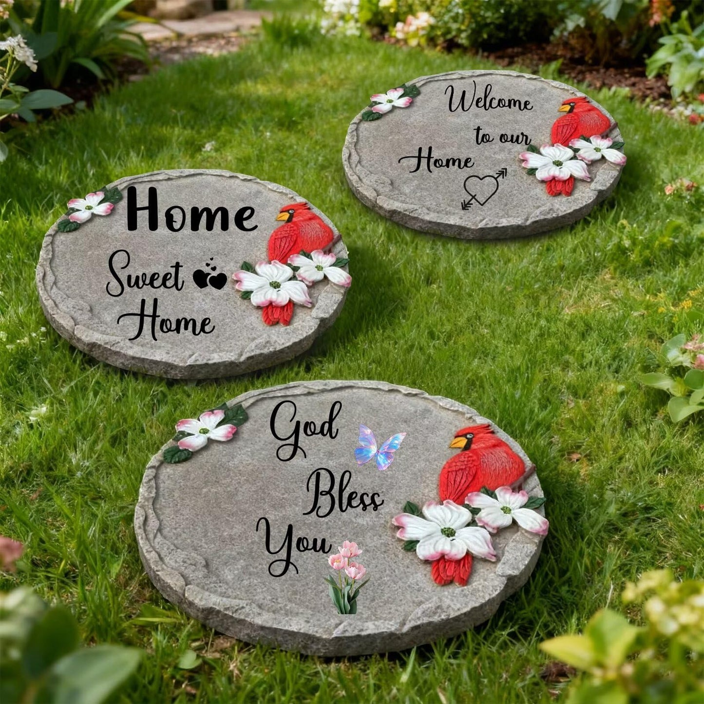 Sweet Home-Resin Stepping Stone,Outdoor Garden Pathway Decoration,Round Red Hummingbird Decorative Stone for Garden,Walkway Sculpture Yard Art for Patio,Home Decor
