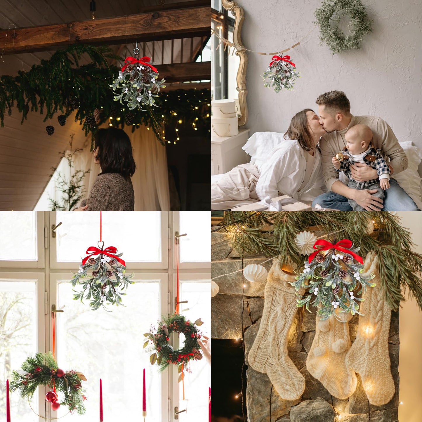 Mntrprko Artificial Christmas Mistletoe Decor 12 Inches Mistletoe Giant Kissing Hanging Bouquet for Xmas Floral Garland Decorations (1, White)