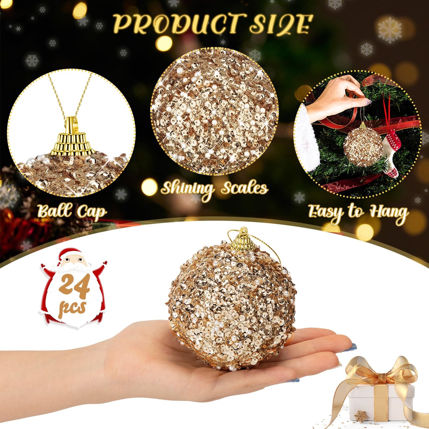 Liliful 24 Pcs 3.15 Large Christmas Ball Ornaments Glitter Christmas Decorations Tree Balls Hanging Ornaments for Xmas Wedding Home Tabletop Party Holiday Decor (Champagne Gold)