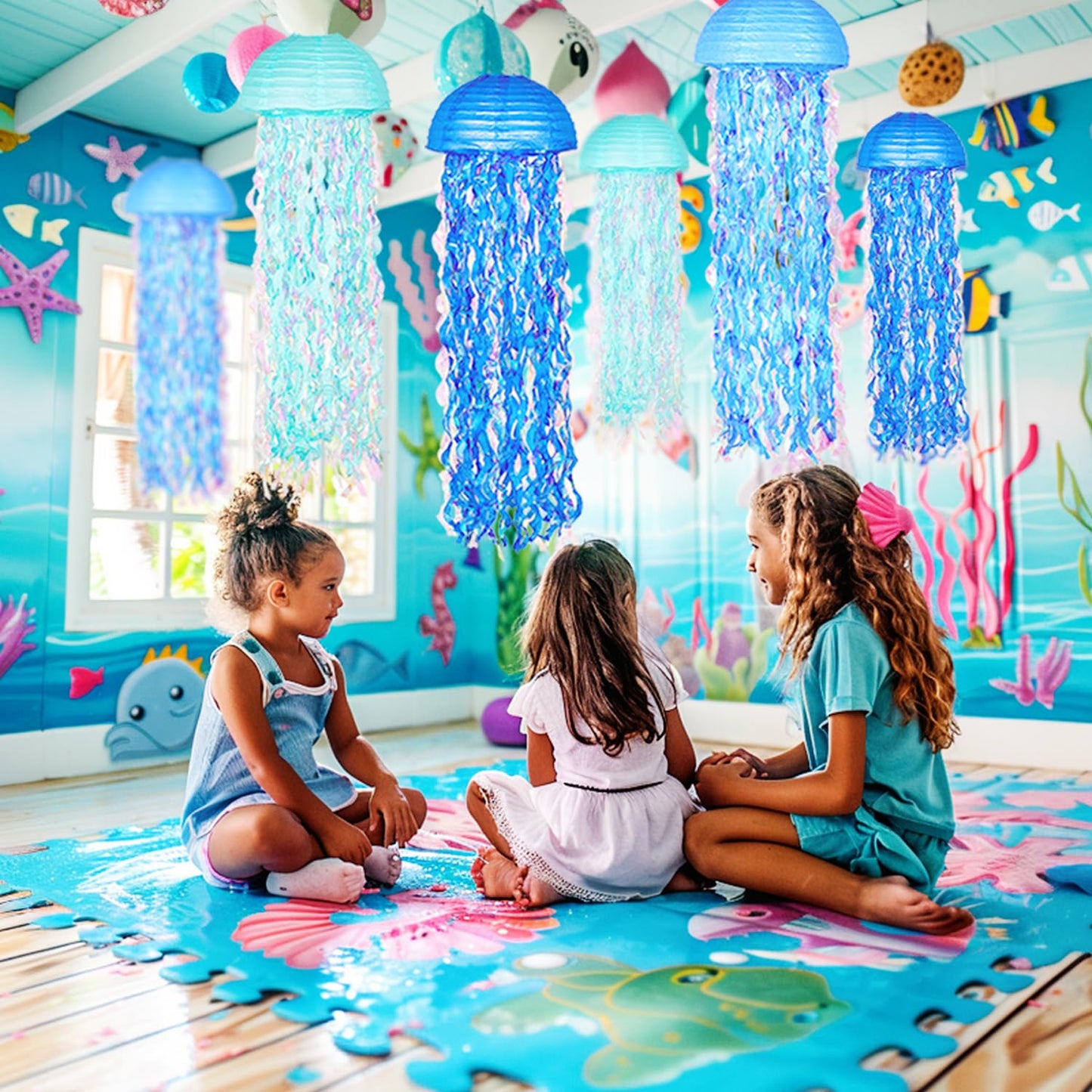 OBXT 10" Blue Hanging Jellyfish Paper Lanterns - Under the Sea Party & Mermaid Birthday Decorations, Baby Shower, Nautical Events, Ocean Theme Classroom & Beach Room Decor (Set of 6)