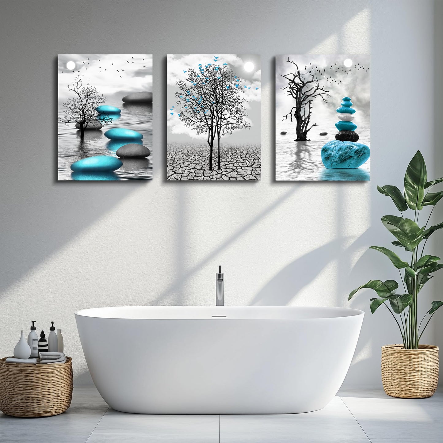 DZRWUBHS Abstract Wall Art for Living Room，3 Piece Modern Canvas Artworks Stones in The Water Zen Wall Decor Minimalist Meditation Picture Painting Prints for Bedroom Bathroom Hallway Home Office