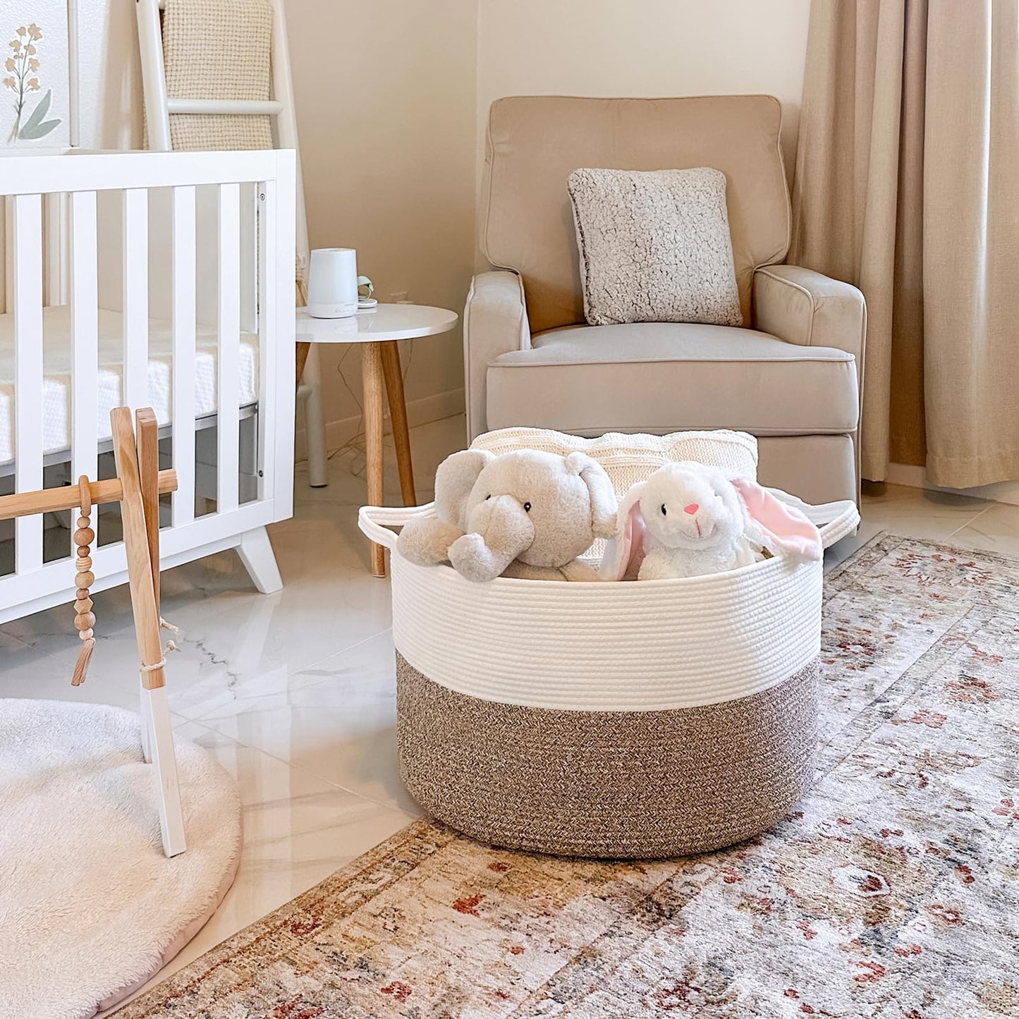 INDRESSME XXXLarge Blanket Basket for Living Room 21.7" x 21.7" x 13.8"-Storage Basket with Handle for Organizing Toy Pillows Woven Cotton Rope Laundry Basket Stuffed Animal Toy Storage for Play Room
