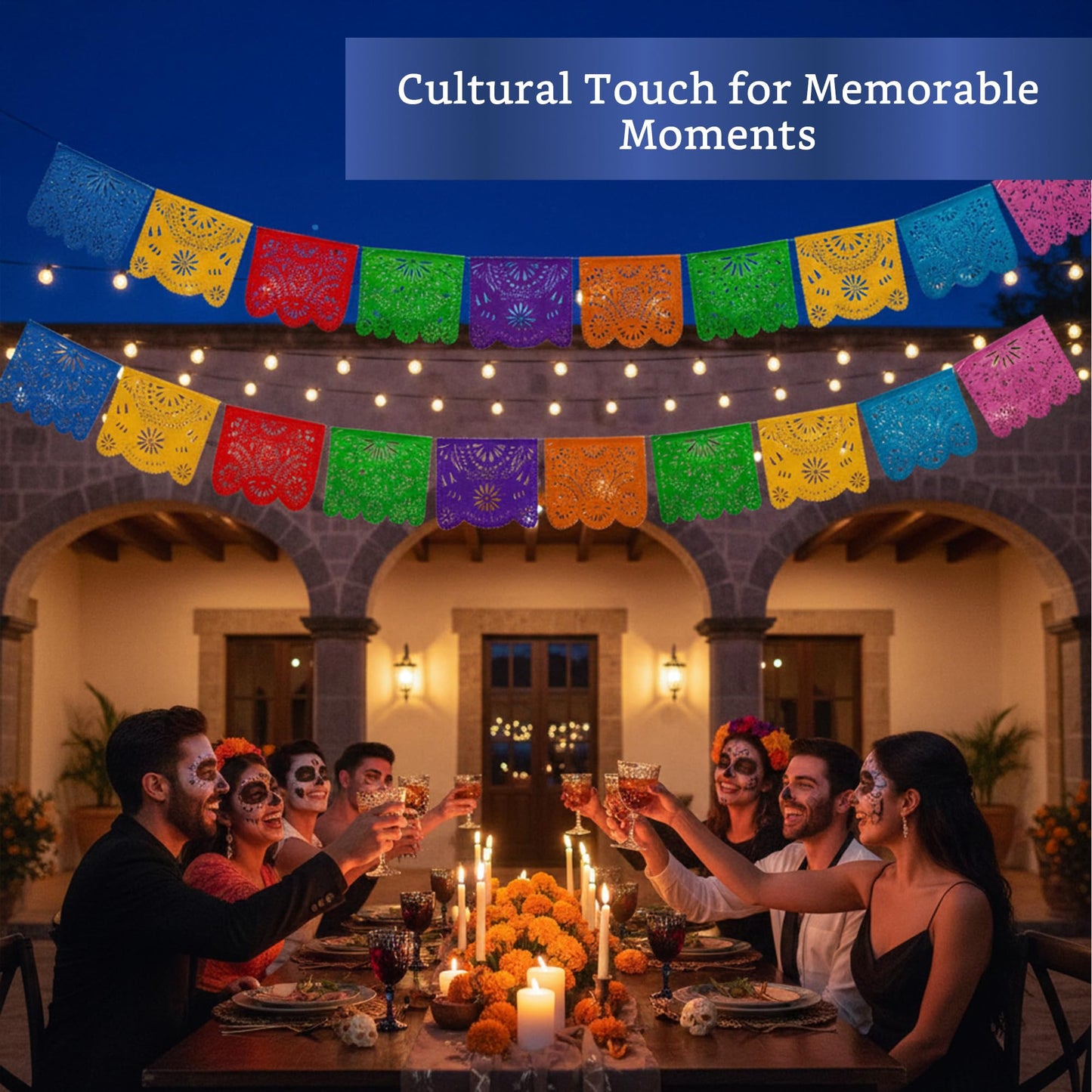 Mexican Party Banners (5 Pack with 10 Plastic Flags per Banner) - Papel Picado Mexicano para Fiesta - Plastic Papel Picado - Fiesta Themed Party Decorations - Mexican Decor