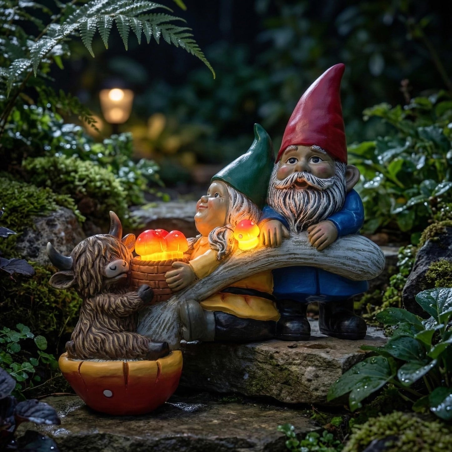 Garden Gnomes and Highland Cow Statue with Mushroom Solar Light, Couple Gnome Figurine for Outdoor Patio Lawn Porch Yard Edge Shelf Sitter Decoration, Garden Knome Holiday Indoor Decor, Love Gift