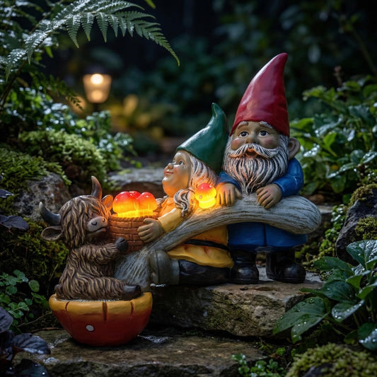 Garden Gnomes and Highland Cow Statue with Mushroom Solar Light, Couple Gnome Figurine for Outdoor Patio Lawn Porch Yard Edge Shelf Sitter Decoration, Garden Knome Holiday Indoor Decor, Love Gift