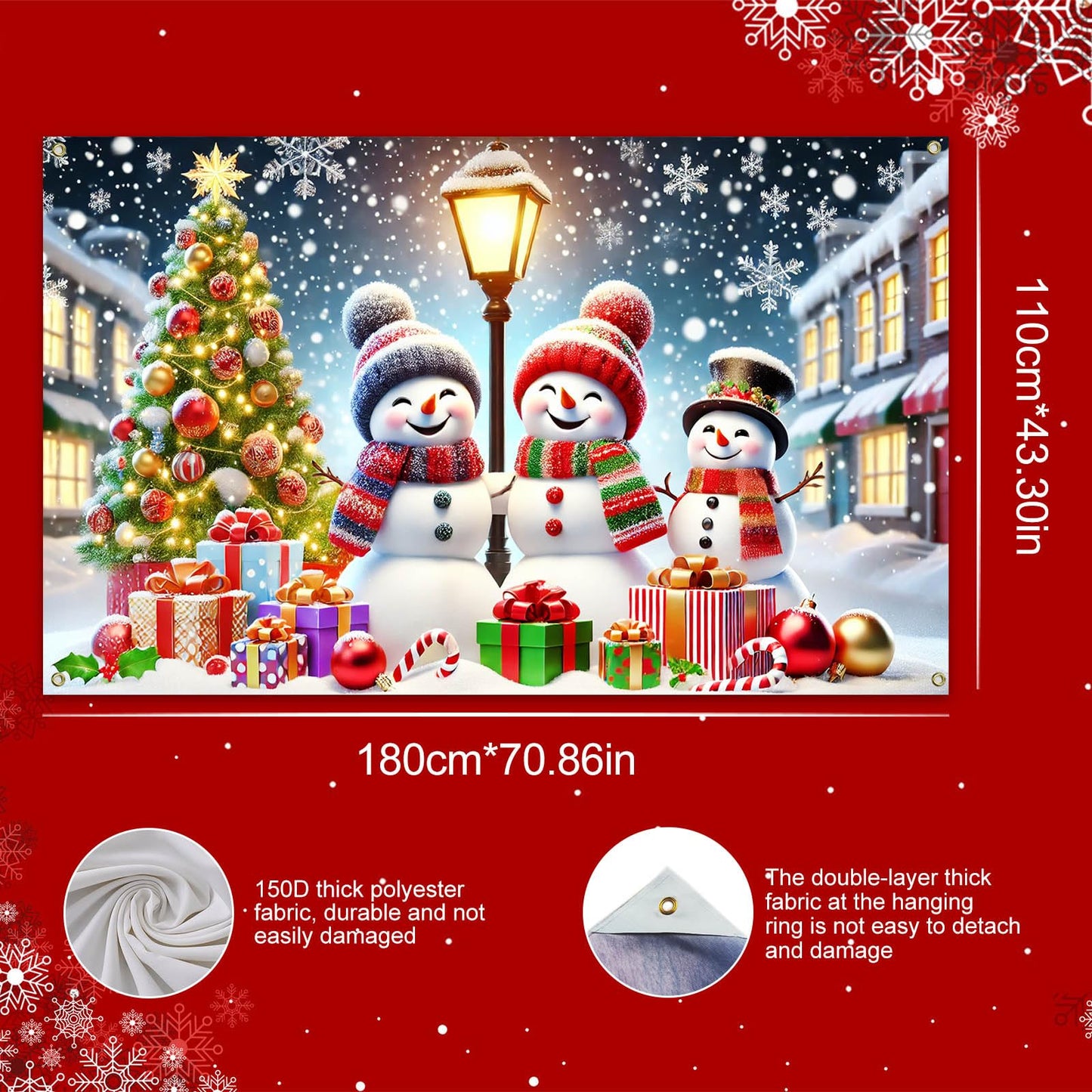 BlissYard Winter Christmas Snowman Banner Backdrop 71x43 Inch Holiday Wall Decoration with Snowy Night Tree Streetlight and Gift Scene for Indoor Party Display Merry Christmas Home Decor