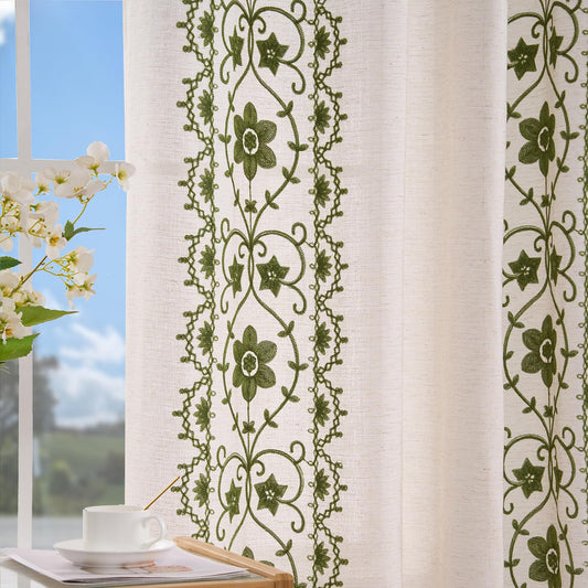 Sage Green Boho Curtains 2 Panels for Living Room Vintage Floral Linen Curtains 84 Inches Long for Bedroom Farmhouse Patterned Drapes Embroidered Light Filtering Drapes Grommet Window Treatments