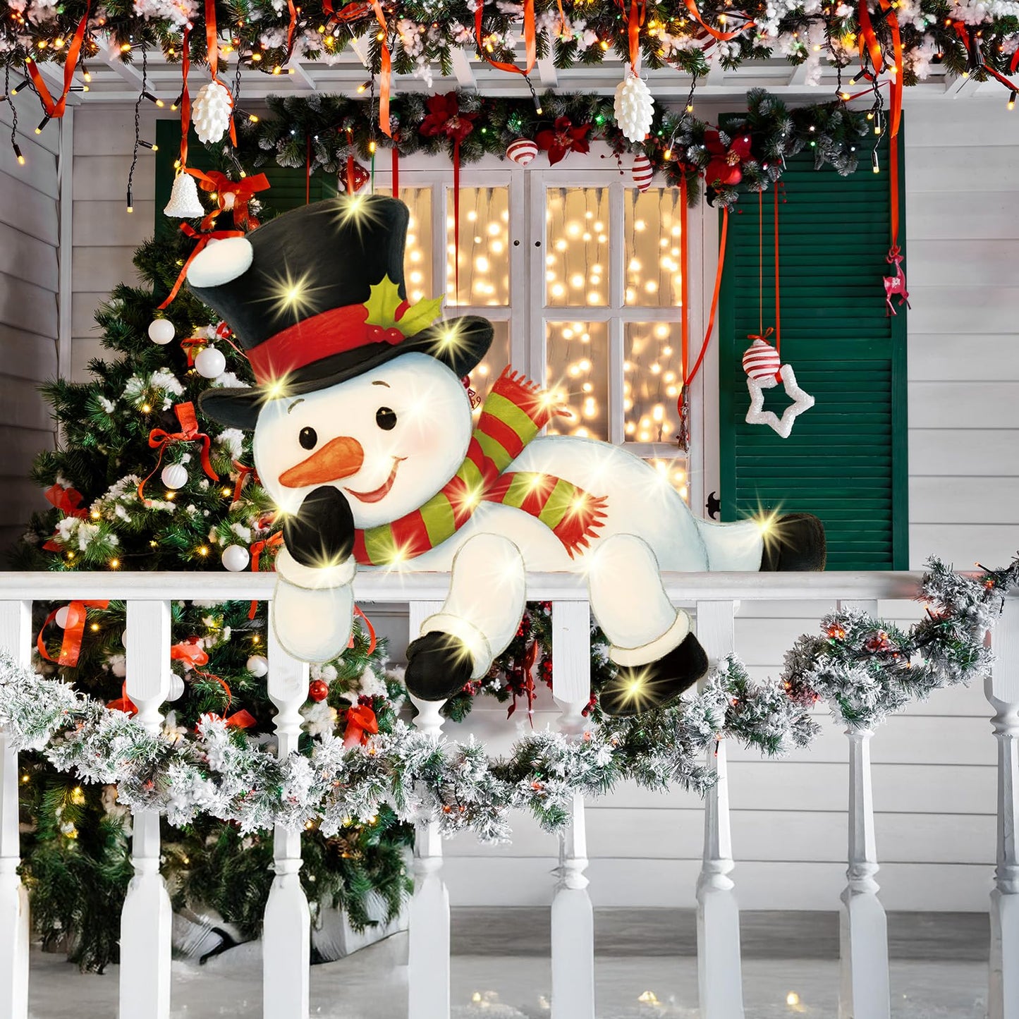 Suttmin Winter Fence Peeker Decoration Snowman Peeking Garden Yard Sign with Light Cute Outdoor DIY Fence Art Ornament for Holiday Patio Lawn Decor(Warm Light)