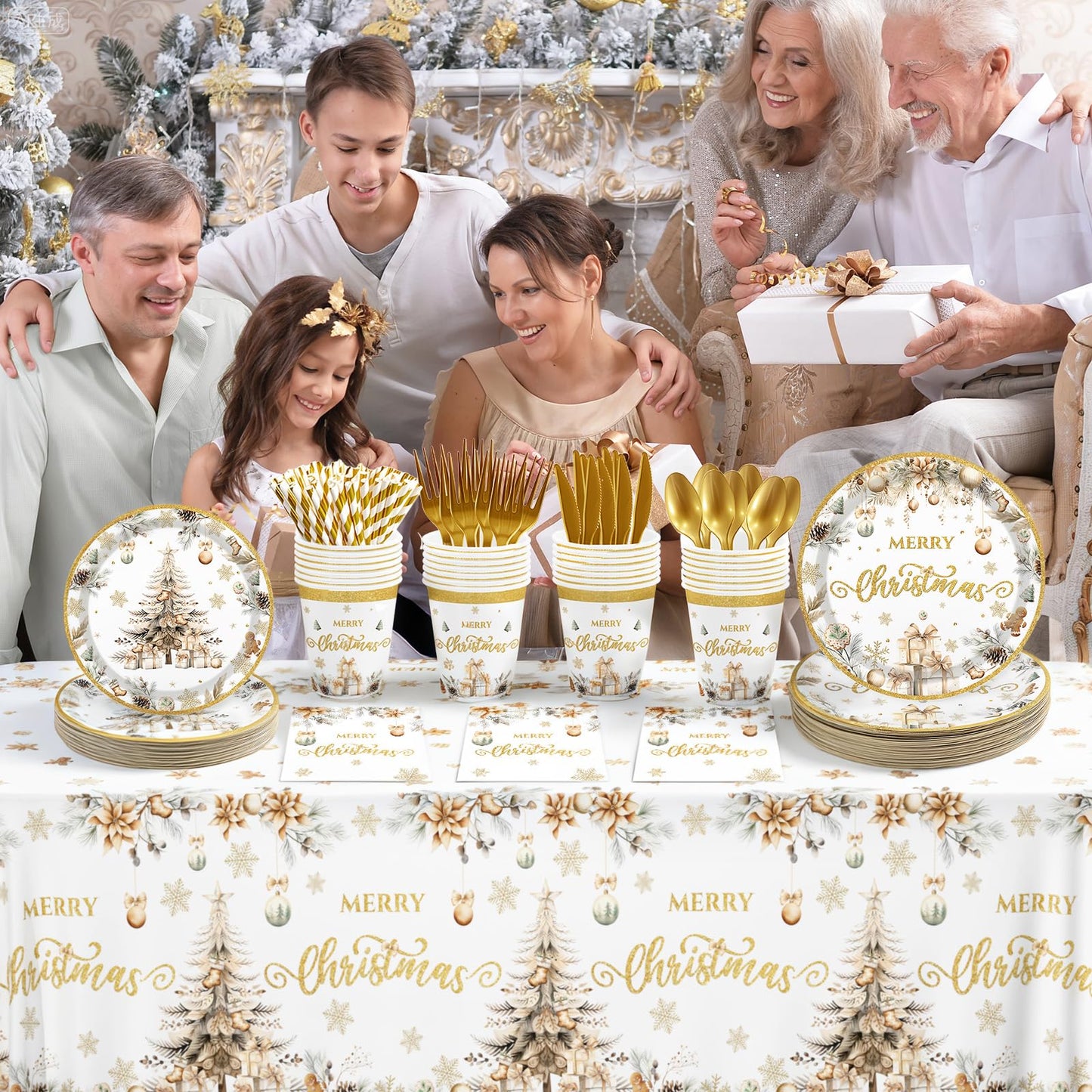 MEHOFOND Christmas Party Supplies193PCS, Gold Christmas Tree Disposable Dinnerware Paper Plates, Napkins, Cups, Cutlery,Tablecloth for Xmas Holiday Party Decor, Serve 24 Guestst