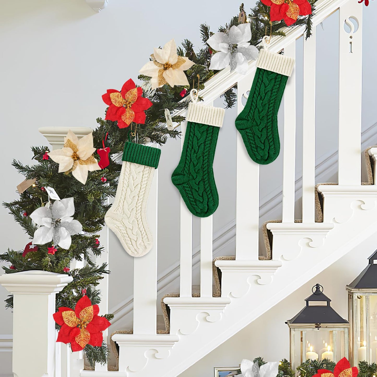 PETOX 2 Pack 18" Personalized Christmas Stockings, 18inch Large Cable Knitted Xmas Hanging Stocking Decorations for Holiday Christmas Party Family Decor (Lvory/Green)