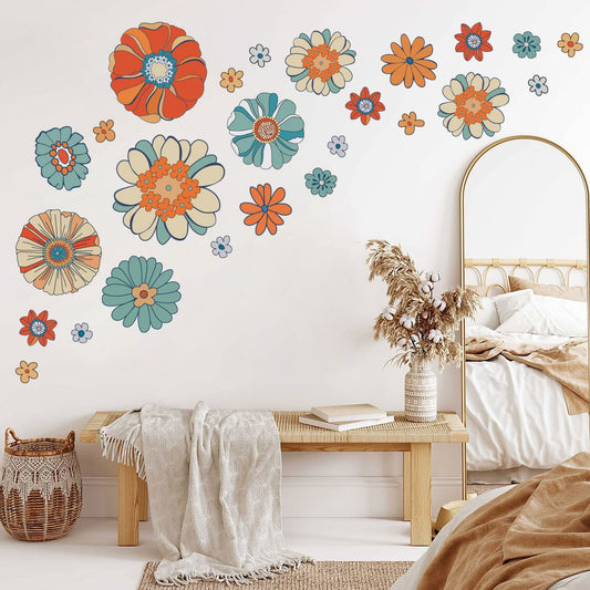 Supzone Boho Retro Floral Wall Decals Large Vintage Hippie Daisy Flower Wall Stickers for Bedroom Living Room, Offices Sofa TV Backdrop Decoration
