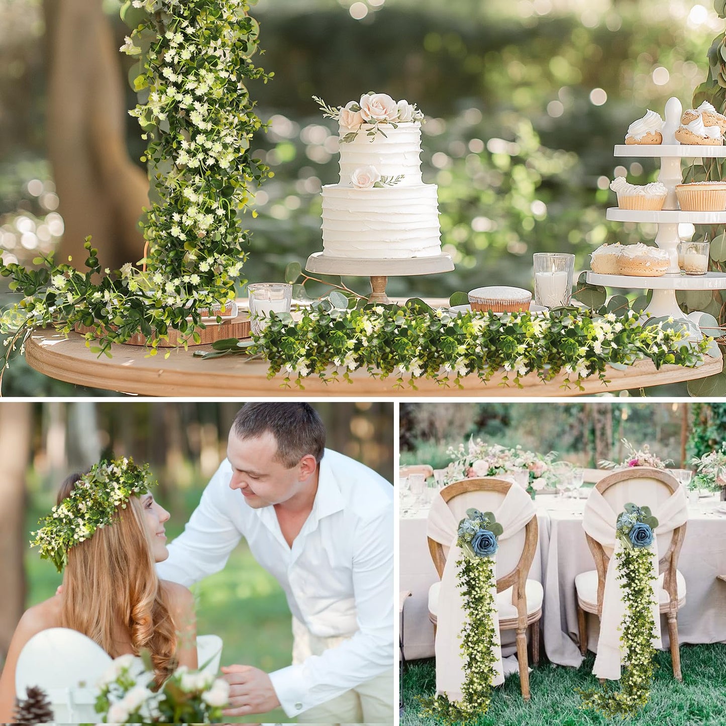 HIAGROW 6FT Eucalyptus Garland with Flowers, 2 Pack Artificial Greenery Garland Hanging Spring Eucalyptus Garland Suitable for Table Wedding Backdrop Arch Wall Party UV Protected Indoor Outdoor Decor