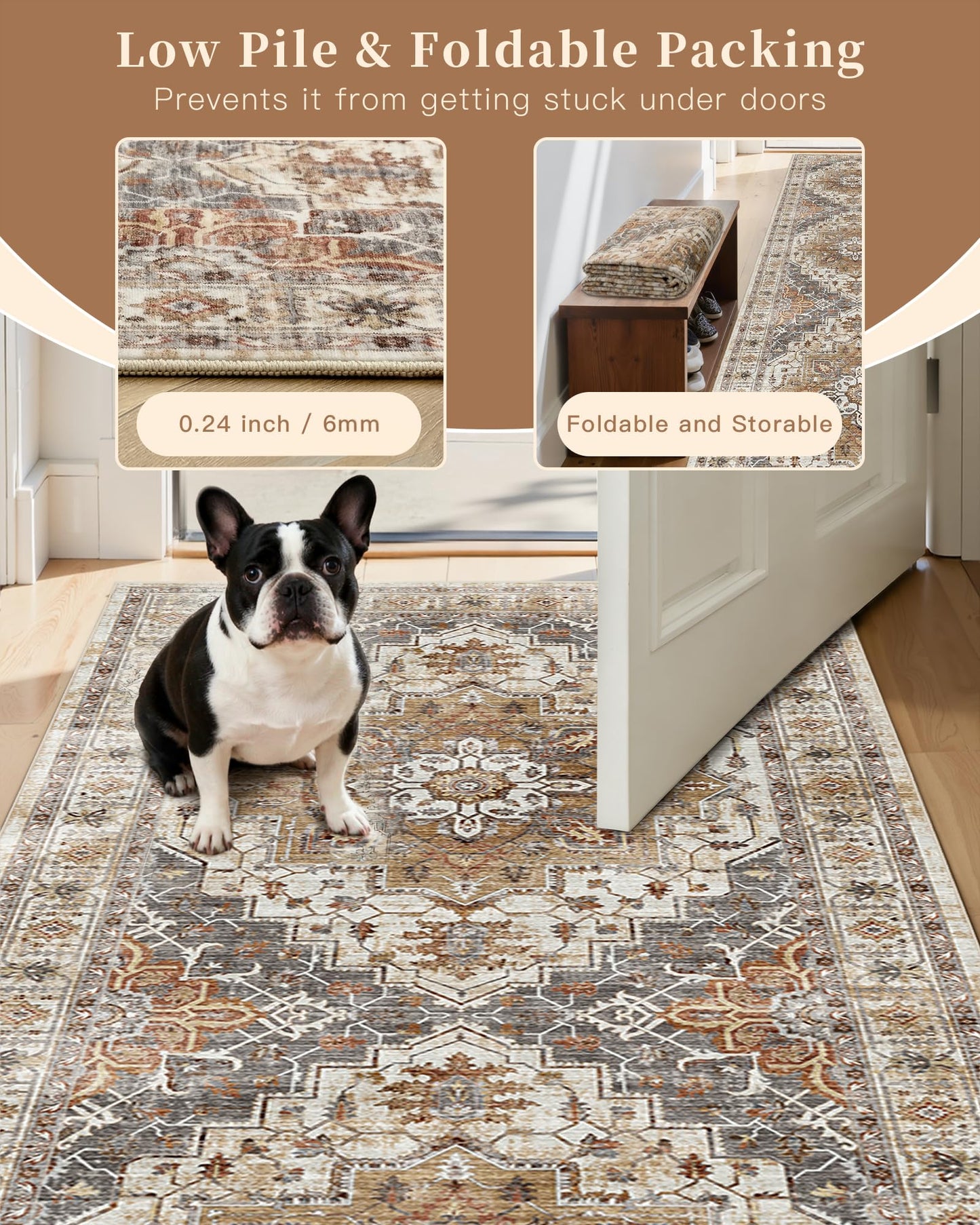 Madane Runner Rug 2x8, Washable Hallway Runner Rugs, Non-Slip Low-Pile Soft Kitchen Rug Runner Laundry Room Rug, Vintage Throw Entry Foyer Mat for Entrance Living Room (Turmeric/Grey, 2 x 8)