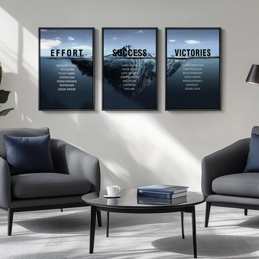 Framed Motivational Wall Art for Office Decor, Set of 3 Inspirational Modern Iceberg Canvas Wall Art Prints, Navy Blue Effort Success Victory Quotes for Home Office Gym Wall Decor, 16x24