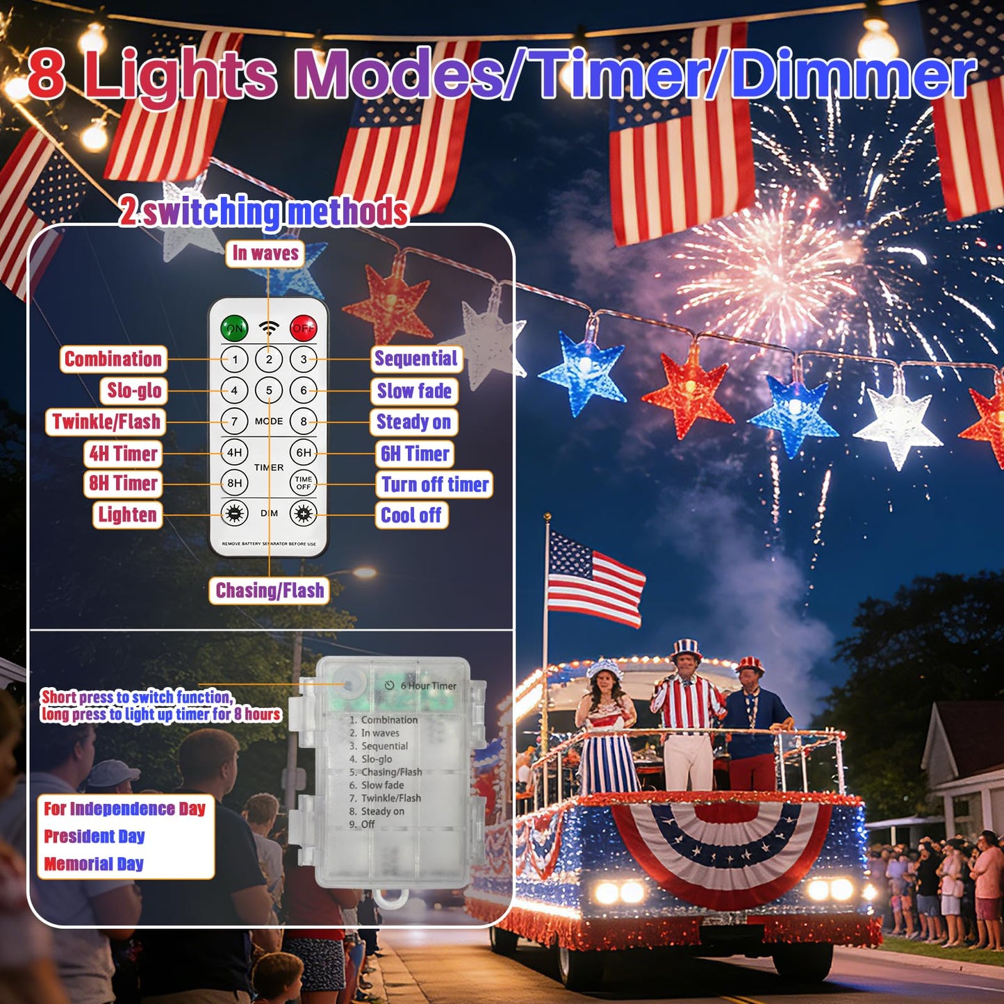 LAMPHOME 16FT 50 LED Patriotic Star String Lights, Clear Wire Battery Operated Waterproof Starry Lights with Remote & Timer for Independence Day, 4th July Window Porch Decoration