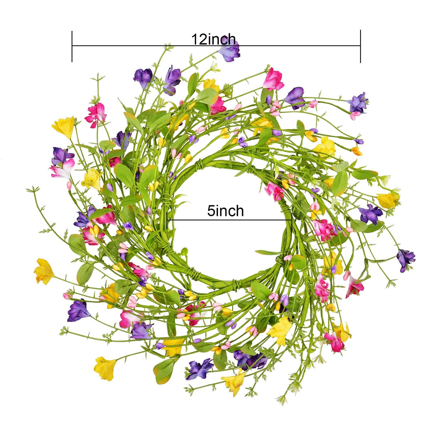 LSKYTOP Artificial Flower Wreath with Green Leaves Berries Wildflower Spring Summer Wreath for Front Door Wall Wedding Decor,12inch (1)