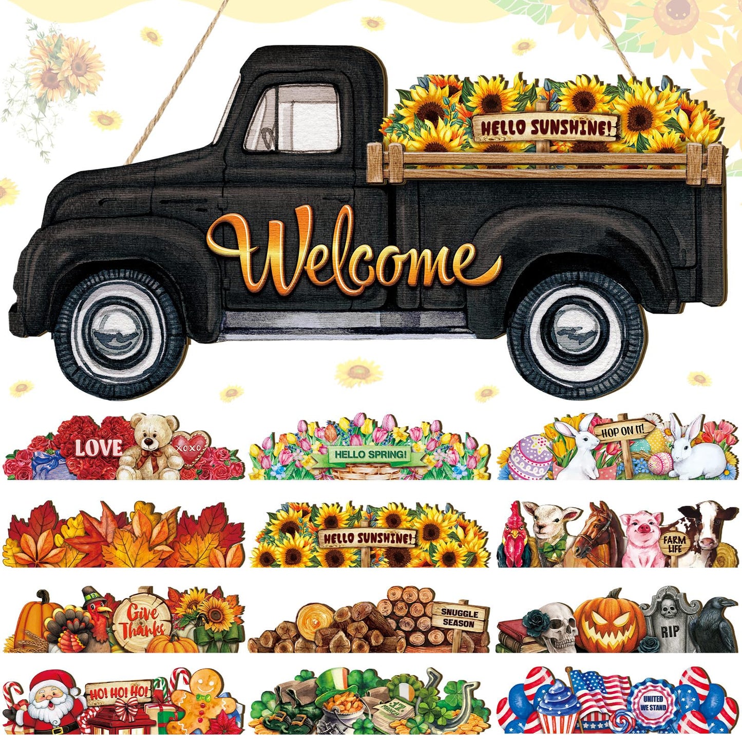 Ferraycle Independence Day Interchangeable Welcome Sign 4th of July Seasonal Truck Decor Door Signs with 12 Holiday Icons Rustic Farmhouse Interchangeable Holiday Decor(Black, Lateral Style)