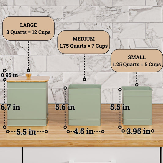 Kitchen Canisters for Countertop Set of 3 with Customizable Chalkboard Labels & Marker Pen - Big Iron Kitchen Canisters with Airtight Lids - Sage Green Canister Set - Flour and Sugar Containers