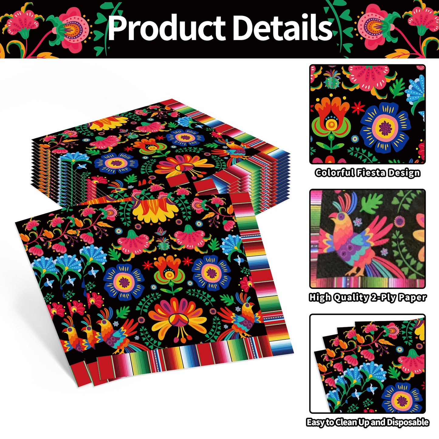 Pack of 50, Mexican Fiesta Napkins, Colorful Floral and Serape Stripe Design, Disposable Paper Napkins for Cinco de Mayo, Taco Night, Birthdays, Mexican-Themed Party Supplies, 13x13 Inches Unfolded