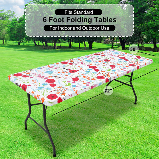 misaya Rectangle Vinyl Tablecloth, Fitted Table Cover, 100% Waterproof, Elastic Edge, Flannel Backing, Plastic Table Cloth Fit 6 Foot Folding Tables for Camping, Picnic, Outdoor (Flowers, 30x72 inch)