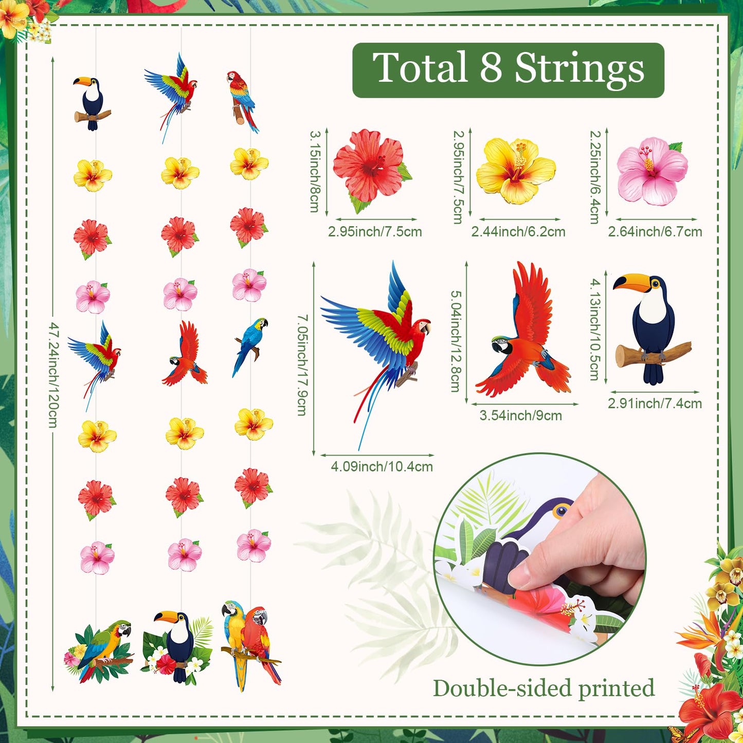 Tiamon 8 Pcs Tropical Bird Decorations Tropical Hawaiian Party Hanging Banner Hawaii Parrot Flower Hanging Garland Summer Luau Party Paper Banner for Pool Tiki Bar Birthday Supplies