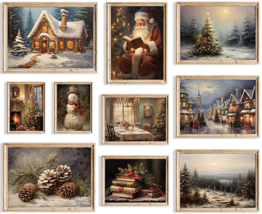 KBKBART Christmas Wall Art Prints Set of 10, Winter Christmas Picture Wall Decor Santa Xmas Tree Forest Canvas Artwork, Snow Scene Street Christmas Aesthetic Posters for Bedroom, Vintage Christmas Holiday Decor - Unframed