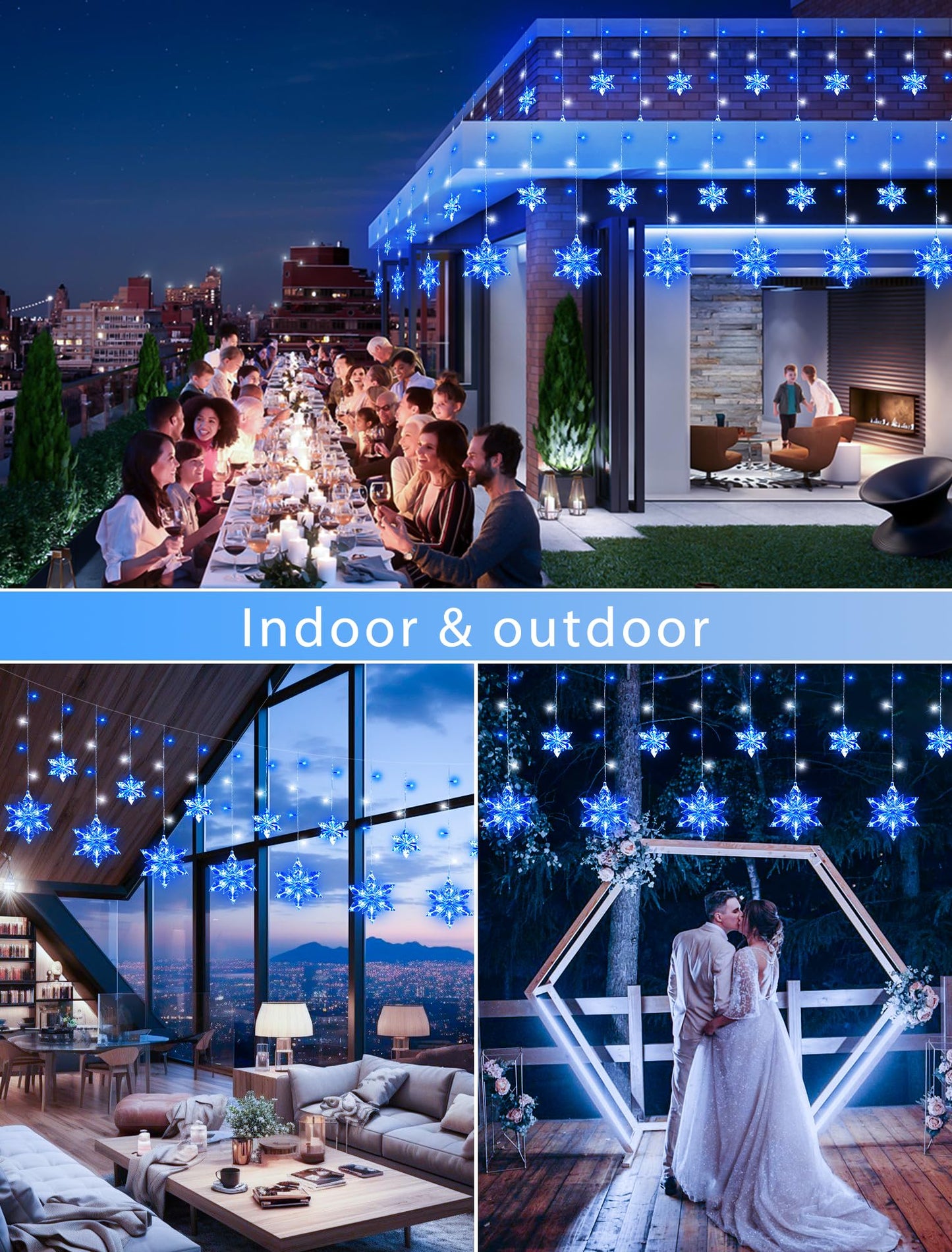 BEEWIN Christmas Snowflake Lights Outdoor,8.2 FT 144 LED Snowflake Icicle Lights with 12 Drops,8 Modes Timer Waterproof Connectable Xmas Light for Eaves,Windows,Curtain,Indoor Outdoor(Blue White)