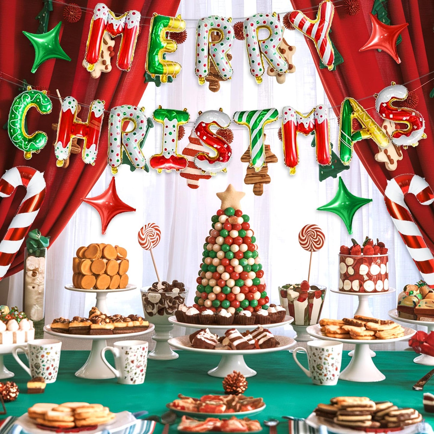 FunHot Merry Christmas Balloons Banner, Donut Merry Christmas Foil Balloons, 16 Inch Xmas Letter Balloon with Mini Candy Cane Green Red Star Balloon for Xmas Indoor Outdoor New Year Party Decor