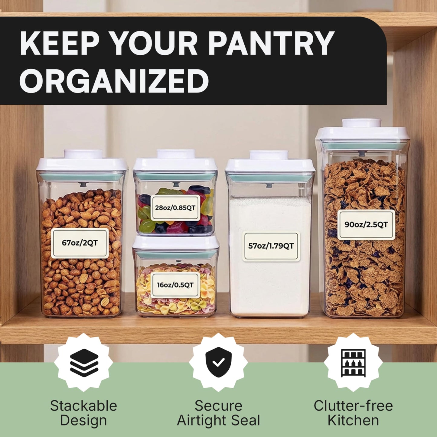 Bop Top Airtight Food Storage Containers with Lid 2 Cups / 16 oz | Kitchen Canister Sets | Air Tight Pantry Container | Pop Top Dry Food Storage Containers for Snacks, Sugar, Flour, Baking, Pasta