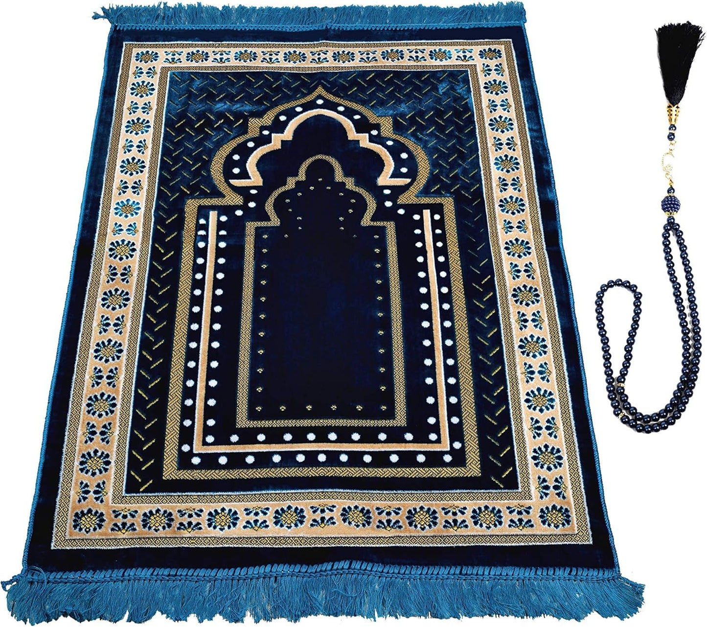 TB Muslim Prayer Rug Islamic, Soft Velvet Mat Ramadan Gift, with Prayer Bead Unique Decoration Gilded Gold-Like Embroidered for Women Man Kids Meditation Turkish African (Blue)