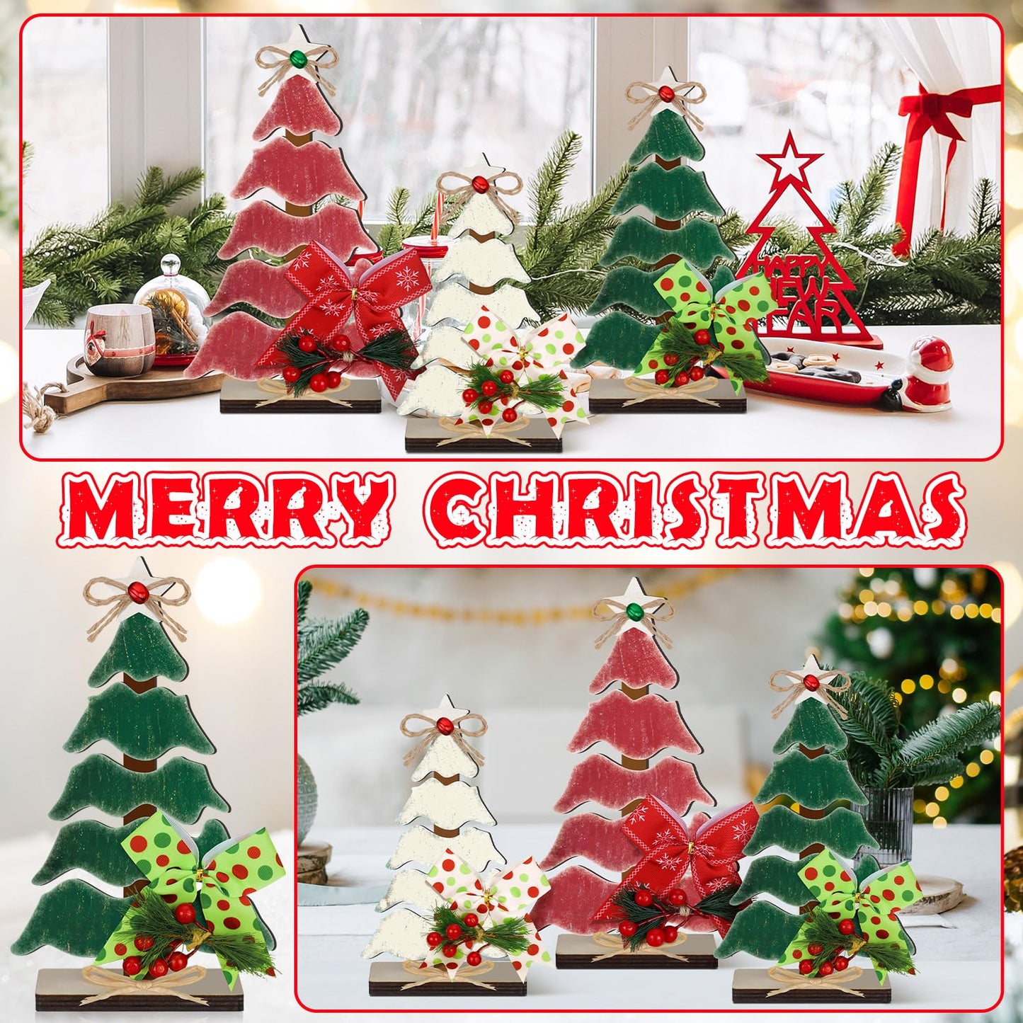CroBlissful 3 Pcs Wooden Christmas Tree Tabletop Decorations Christmas Centerpieces for Table Rustic Xmas Tiered Tray Decor Table Sign with Hemp Rope Bow Bell for Holiday Party(Classic)