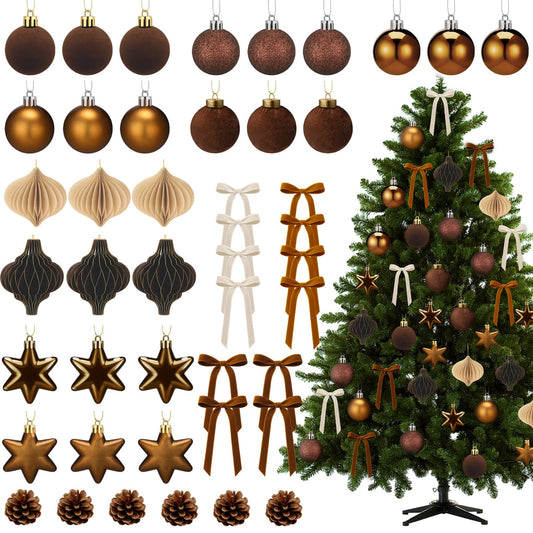 Vertintong 45 Pcs Brown Neutral Christmas Ornaments Set with Brown Balls Velvet Bows Pine Cones Ribbons Pentagram and Honeycomb for Xmas Tree Decorations Holiday Rustic Farmhouse Indoor Home Decor