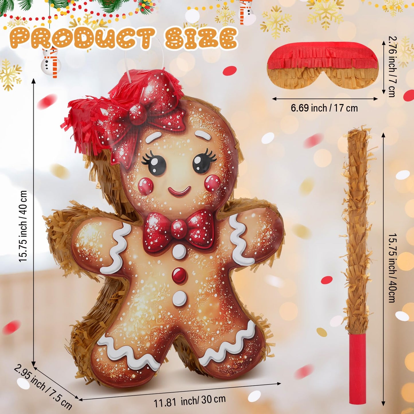 HyDren Christmas Gingerbread Girl Piñata Decorations Christmas Mexican Piñata with Stick Confetti and Blindfold Bundle for Xmas Favors Party Decors Holiday Photo Props (15.7"x11.8"x3")