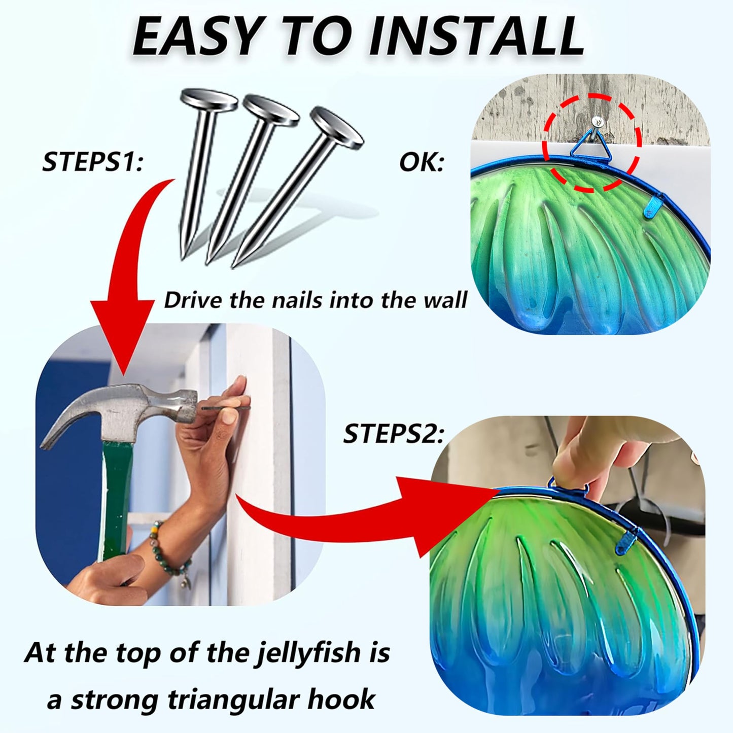 JOYBee Ocean Jellyfish Wall Art Decor-Sea Life Nautical Home Hanging Decor-Glass&Metal Jellyfish Decoration for Pool,Beach,Patio,Living Room,Bathroom,Boat, Coastal Decorations(17inch)