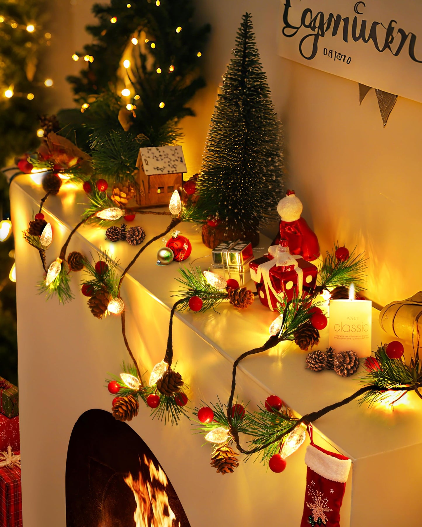 Christmas Garland with Lights,7FT Pinecones Christmas String Lights with Red Berries,Needles,20Led C6 Christmas Lights Battery Operated Prelit Garland for Xmas Decorations Indoor Outdoor