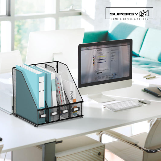 SUPEASY Magazine File Holder, Binder Holder Metal Desk Organizer with 4 Rack Compartments, File Organizer for Office Home School, Black