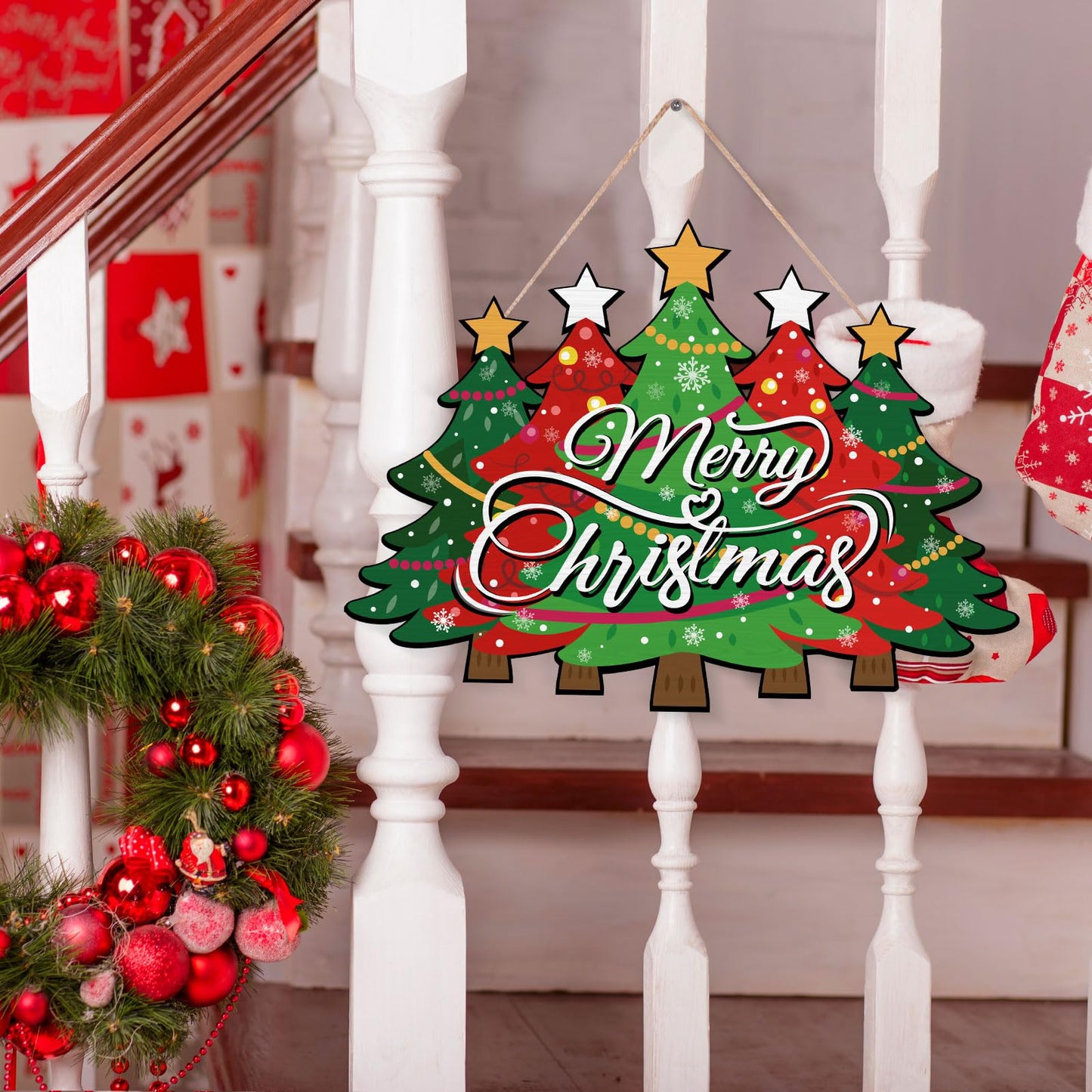 Merry Christmas Door Sign,Christmas Decor, Tree Wood, Decorations Hanging Sign,Merry Welcome Sign,Farmhouse Hanging Plaque Porch Xmas Front Outdoor Home Decor