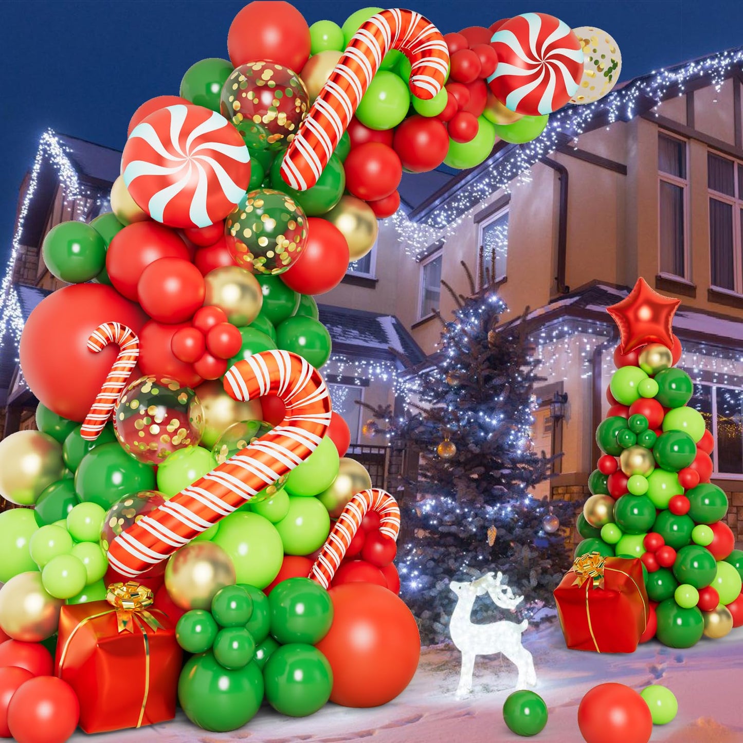 DBKL 138 Pcs Christmas Balloons Garland Arch Kit with Xmas Red Gold Green Balloons Candy Cane Gift Box Foil Balloons for Christmas Party Decorations Birthday Xmas Party Supplies