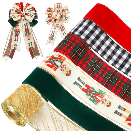 Suncalla 6 Rolls Nutcracker Christmas Ribbon Set 2.5 Inch x 10 Yards Wired Holiday Ribbons for Nutcracker Bows Wreaths Tree Decorations and Gift Wrapping Wide Red Green Gold Plaid Soldier Designs