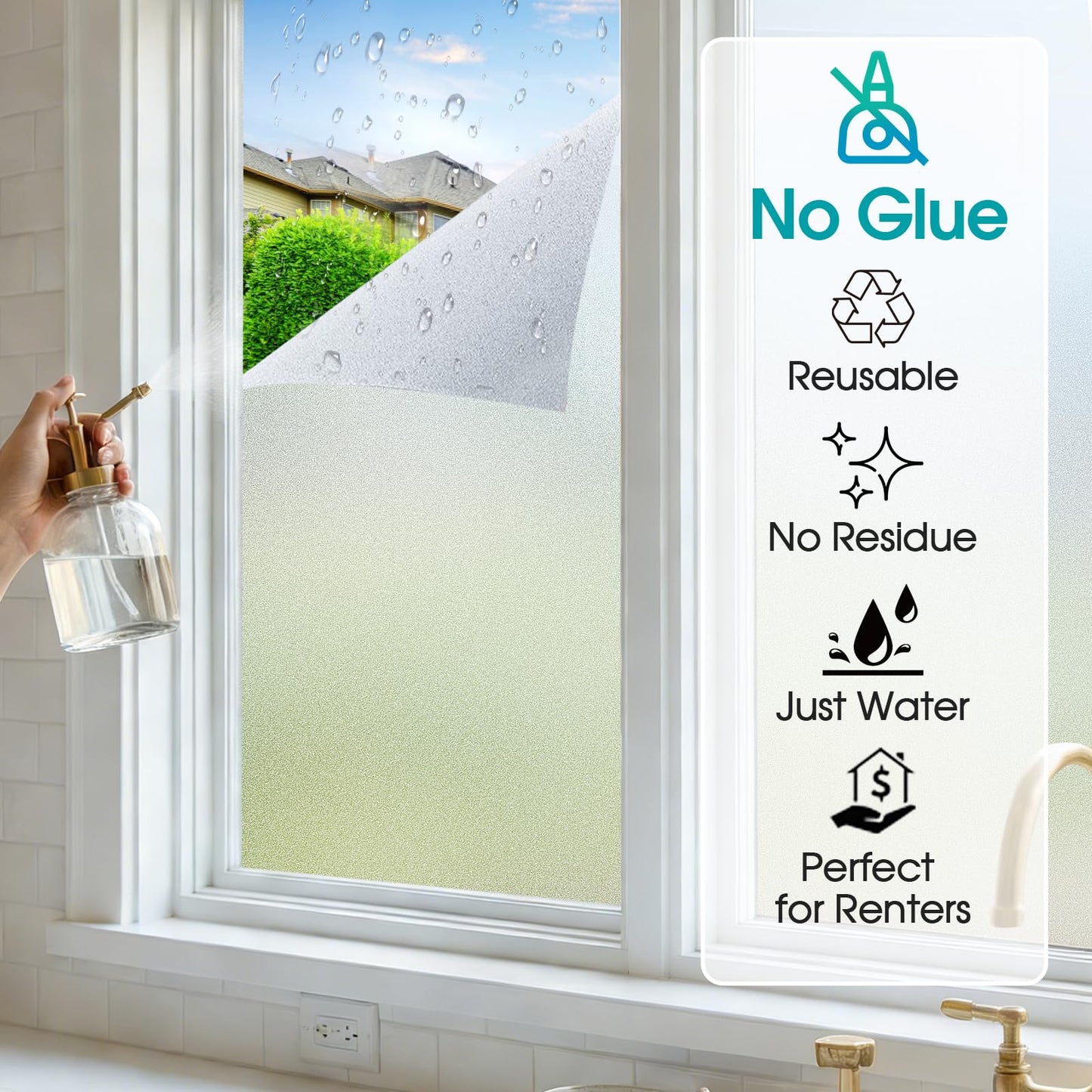 Coavas Frosted Glass Window Privacy Film Day and Night, Static Cling No Glue, Anti-Glare Heat Blocking, Renter-Friendly Removable Decorative Covering for Home Bathroom Bedroom, 17.5 x 78.7 Inch, Pure