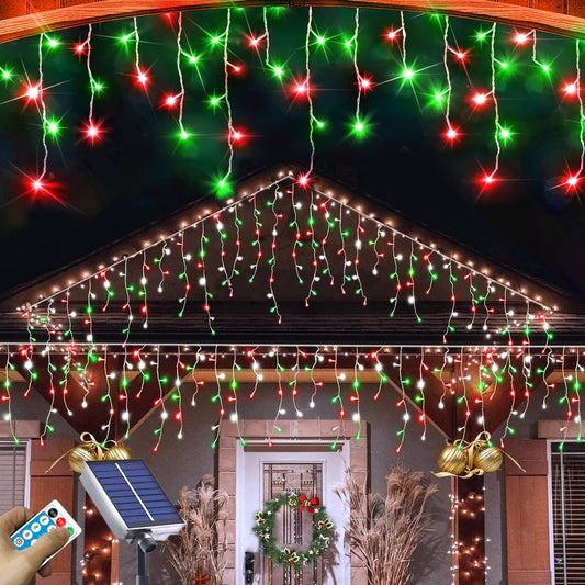 Solar Christmas Icicle Lights Outdoor,304 LED Outdoor Christmas Decorations 8 Modes Waterproof Solar Icicle Lights for Patio Yard Garden Wedding Party House Xmas Tree Roof Decorations(Red and Green)