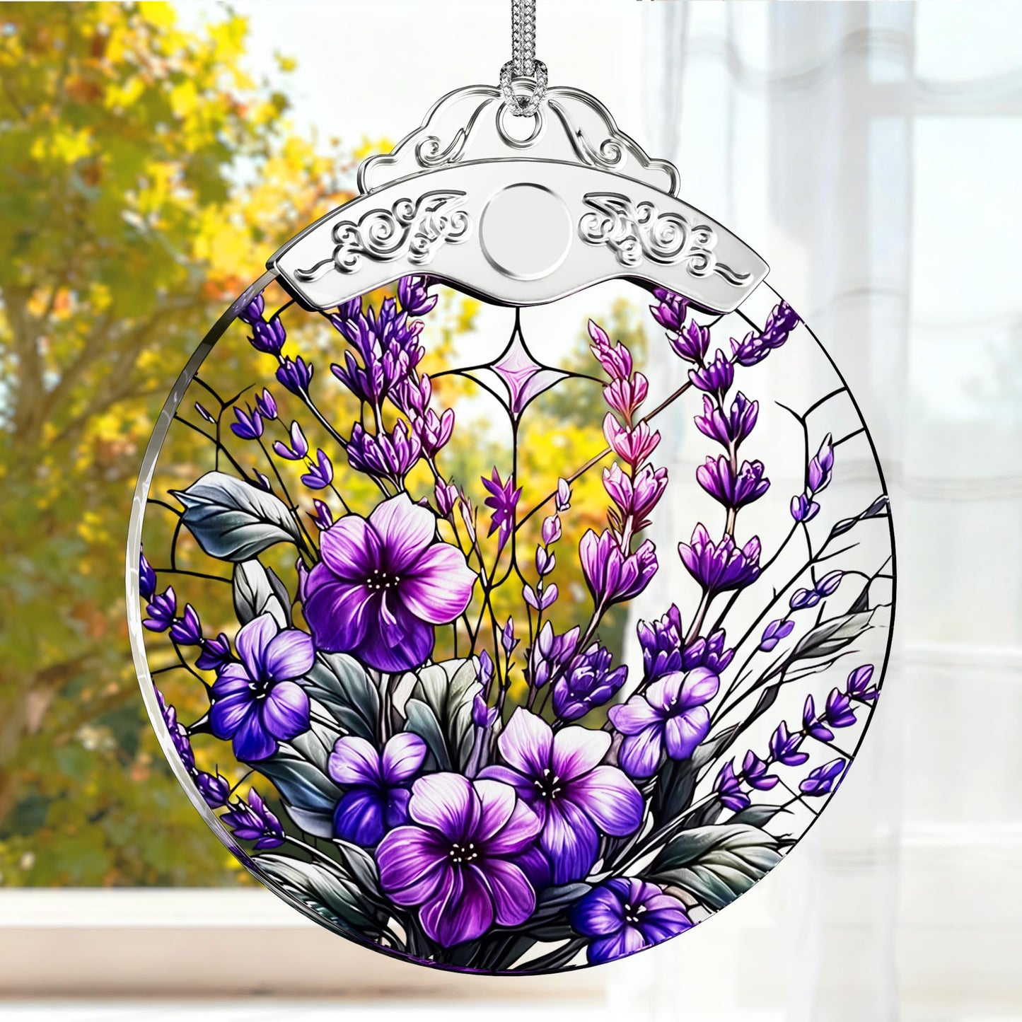 SUNQEBO Stained Glass Ornament, Purple Bauhinia and Violets Ornaments, Unique Crystal Ornaments, Hanging Holiday Presents Idea, Car Hanging Ornaments, Car Charm, Mirror Accessories