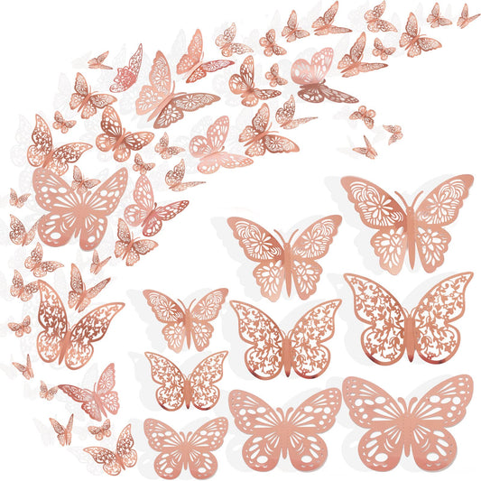 Nelotaor 36 Pcs Butterfly Wall Decor, 3 Styles 3 Sizes 3D Rose Gold Butterfly, Wedding & Birthday Party Decorations, Girls Bedroom Decoration