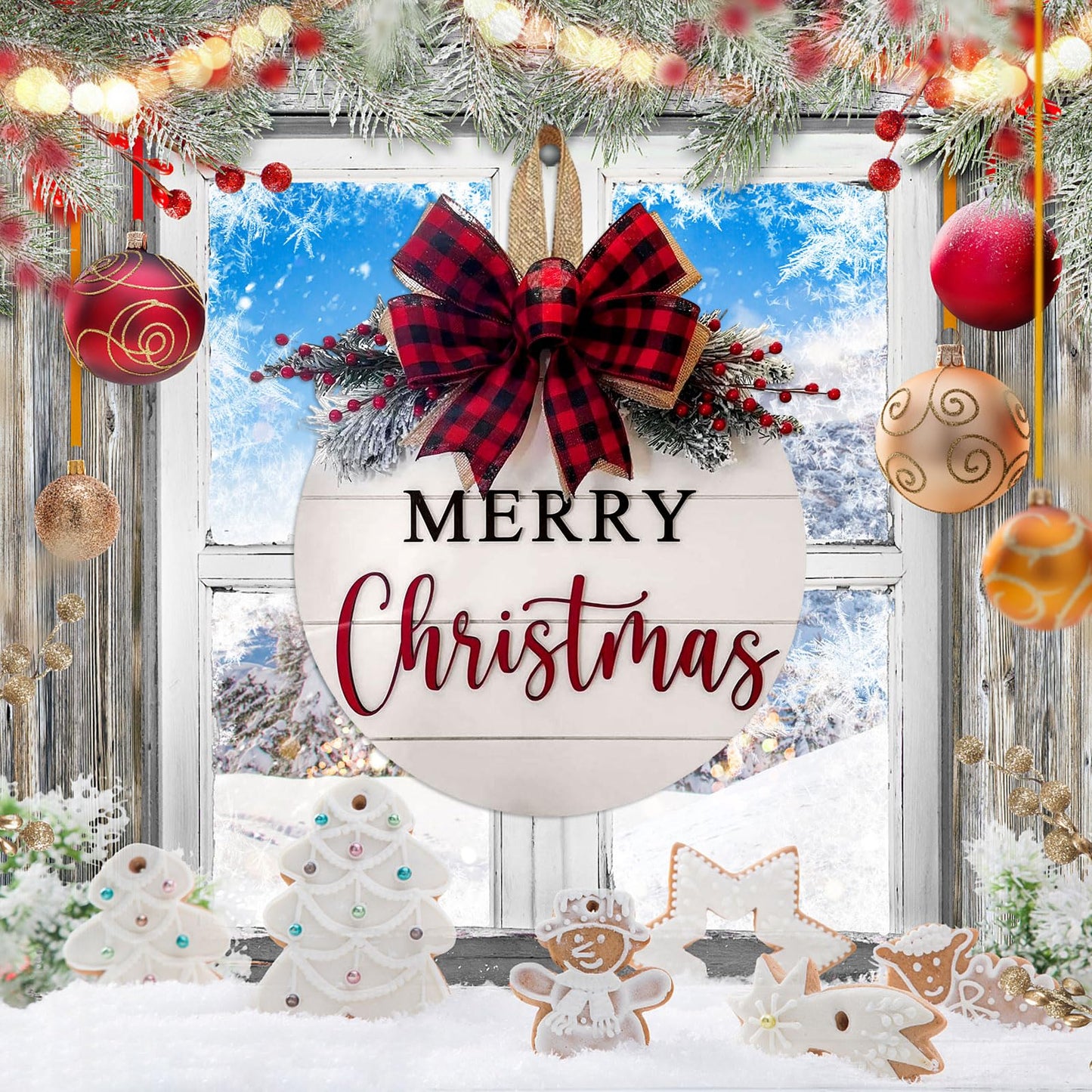 Merry Christmas Wreath Welcome Sign for Front Door, 11.8 inch Wooden Merry Christmas Sign for Holiday Rustic Farmhouse Front Door Porch Wall Window Outside Decorations (Merry Christmas-White)