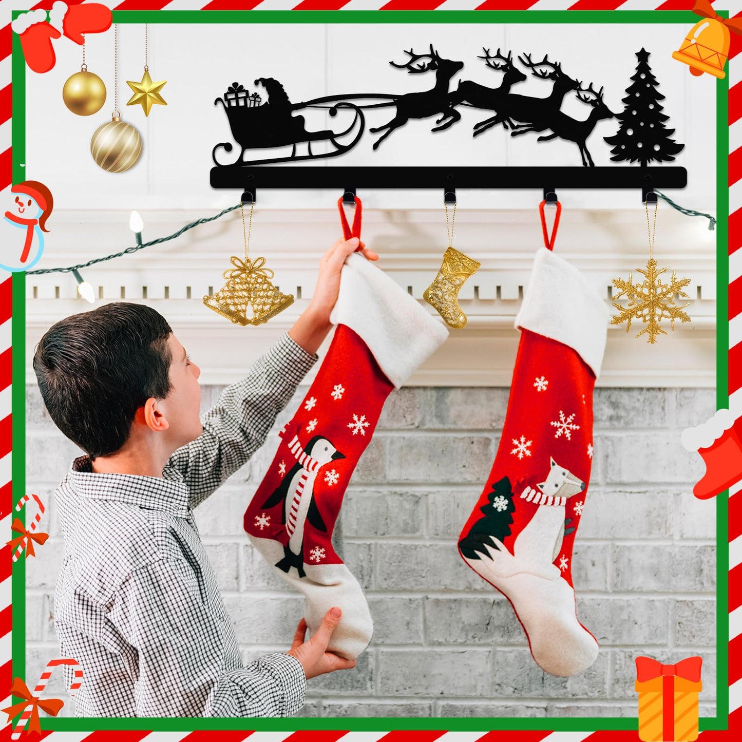 POILKMNI Christmas Stocking Holder, Metal Hanging Sign with 5 Hangers for Fireplace Mantel, 17 Inch, Black