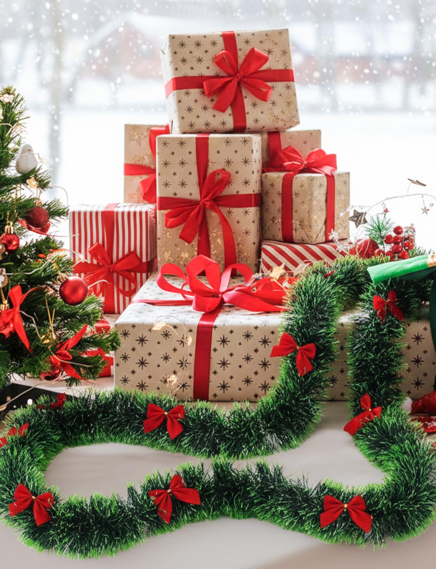 Christmas Tinsel Garland with Light Green Tips (Total 29.7FT) and 27 Red Bows, Festive Pine Garland for Staircase Fireplace Mantle Xmas Tree and Home Party Decor (9.9FT * 3PCS)