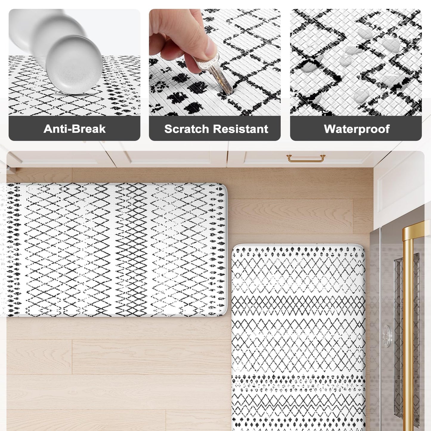 KIMODE Kitchen Mats 2PCS,Cushioned Anti Fatigue Kitchen Rugs and Mats,Non Skid Waterproof Kitchen Mats for Floor,Comfort Foam Standing Mat for Home Decor, Office,Sink,Laundry Room,Desk,Black and White